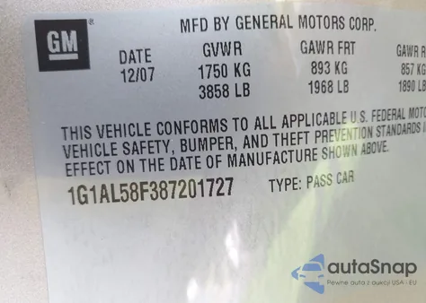 2008 Chevrolet Cobalt Lt z USA, uszkodzony, nr VIN 1G1AL58F387201727